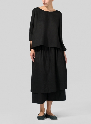 Black Linen Dropped Shoulder Long Top Set
