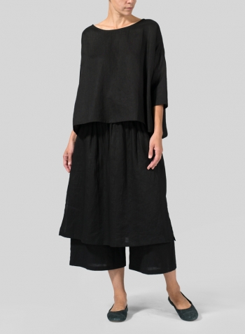 Black Linen Dropped Shoulder Long Top Set