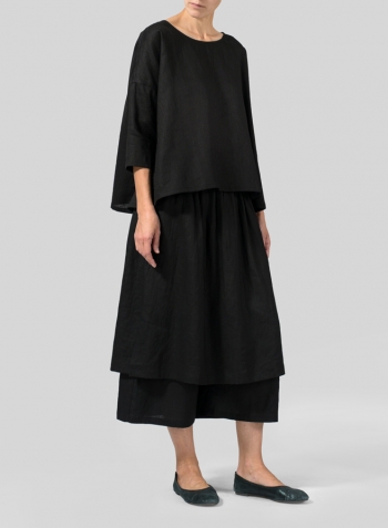 Black Linen Dropped Shoulder Long Top Set