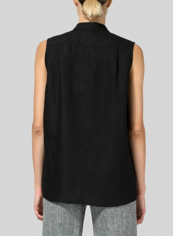 Black Linen Mandarin Collar Vest