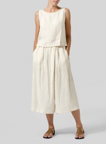 Light Oat Linen Wide Leg Crop Capri Set