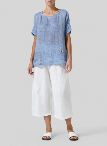 Blue White Double Cloth Linen Doublecloth Short Sleeve Top