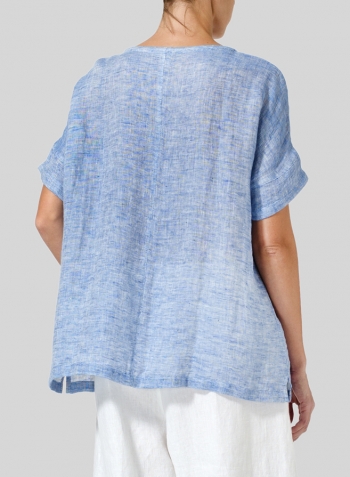 Blue White Double Cloth Linen Doublecloth Short Sleeve Top