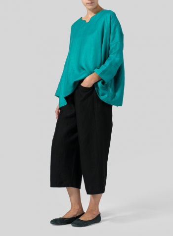 Green Linen Notch Square Neckline Top