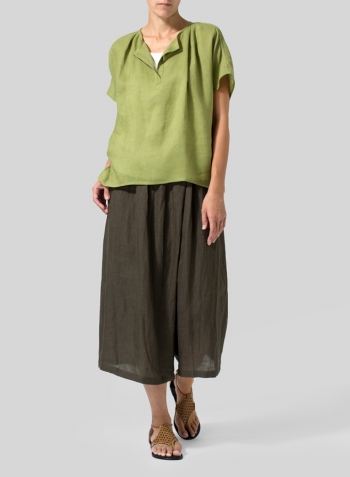 Middle Olive Green Linen Pleated Back Blouse