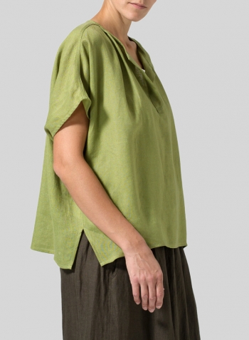 Middle Olive Green Linen Pleated Back Blouse
