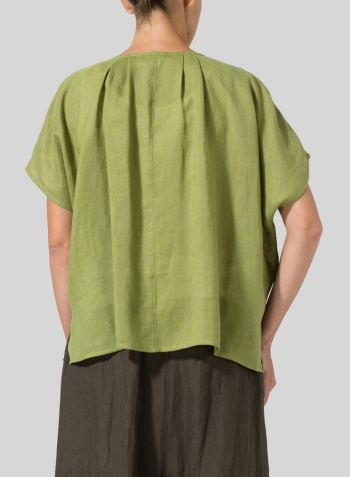 Middle Olive Green Linen Pleated Back Blouse