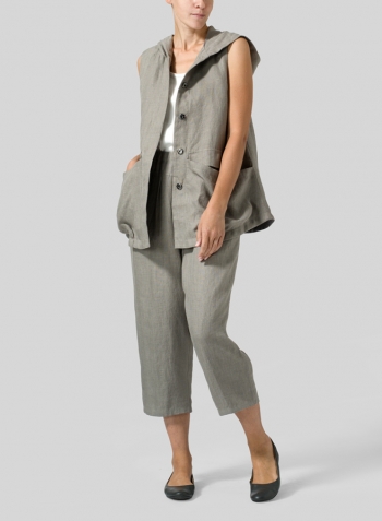 Gray Linen High Waisted Full Elastic Pants Set