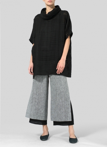 Black Plaid Sheer Linen Turtleneck Tunic