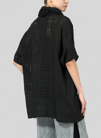 Black Plaid Sheer Linen Turtleneck Tunic