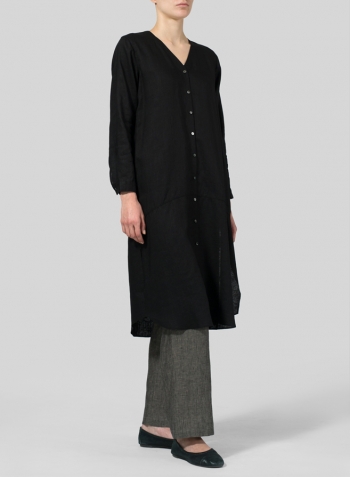 Black Linen V-neck Long Blouse