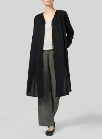 Black Linen V-neck Long Blouse