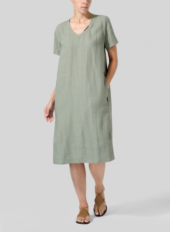 Dark Khaki Gray Heavy Linen Short-Sleeve Heart-Neck Dress