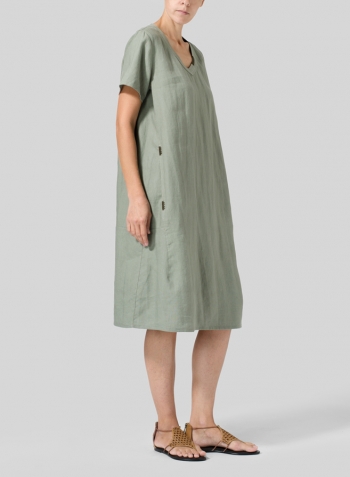 Dark Khaki Gray Heavy Linen Short-Sleeve Heart-Neck Dress