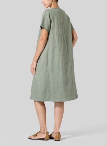 Dark Khaki Gray Heavy Linen Short-Sleeve Heart-Neck Dress