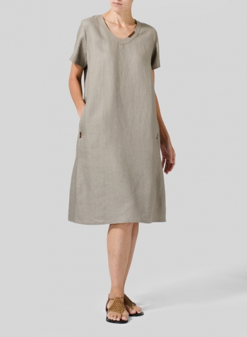 Taupe Brown Heavy Linen Short-Sleeve Heart-Neck Dress