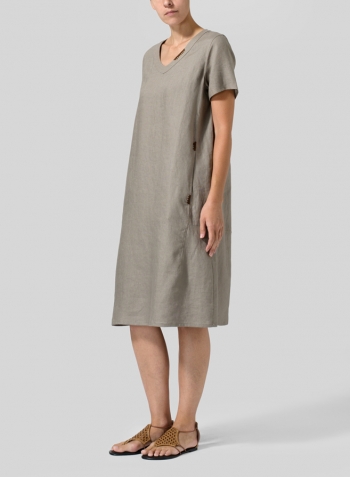 Taupe Brown Heavy Linen Short-Sleeve Heart-Neck Dress