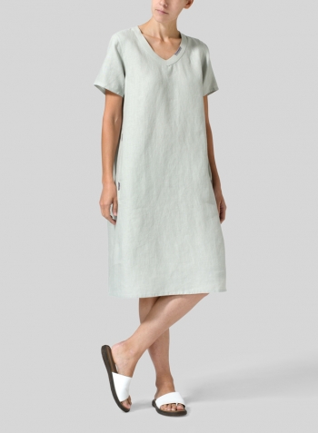 Light Gray Heavy Linen Short-Sleeve Heart-Neck Dress