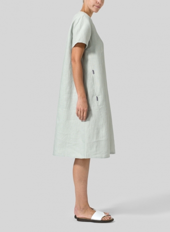 Light Gray Heavy Linen Short-Sleeve Heart-Neck Dress