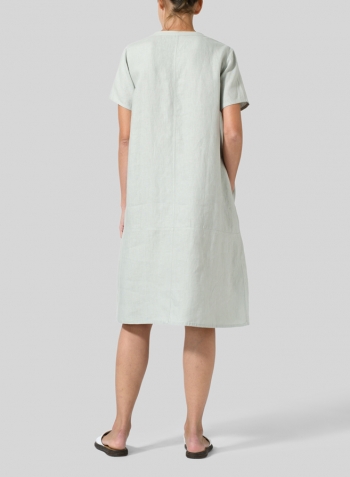 Light Gray Heavy Linen Short-Sleeve Heart-Neck Dress