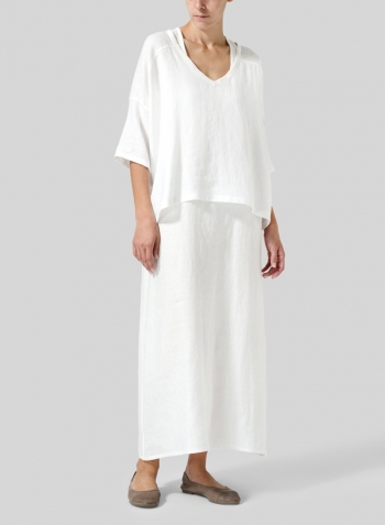 White Woven Linen Deep V-neck Top