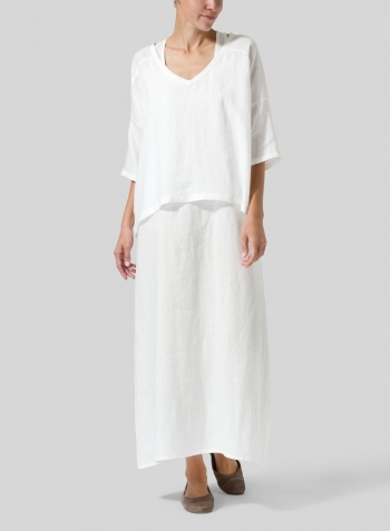 White Woven Linen Deep V-neck Top