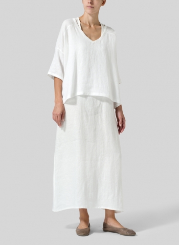 White Woven Linen Deep V-neck Top