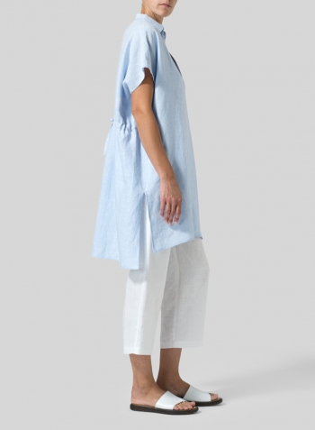 Light Sky Blue Linen Short Sleeve Deep V-Neck Tunic Set