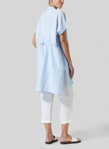 Light Sky Blue Linen Short Sleeve Deep V-Neck Tunic Set