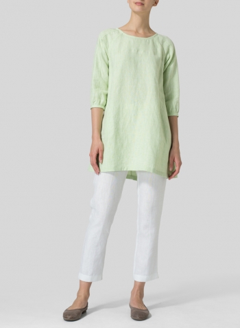 Two Tone Light Green Linen Elbow Sleeve Tunic