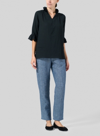 Black Linen Ruffle Stand Collar Top