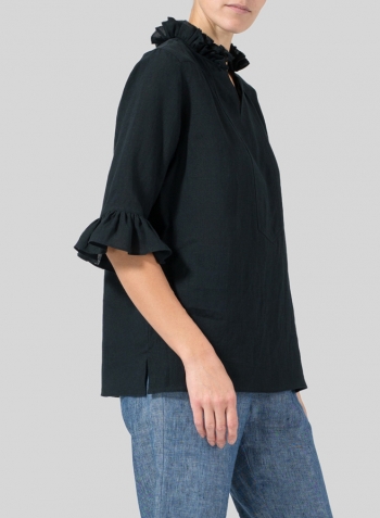 Black Linen Ruffle Stand Collar Top