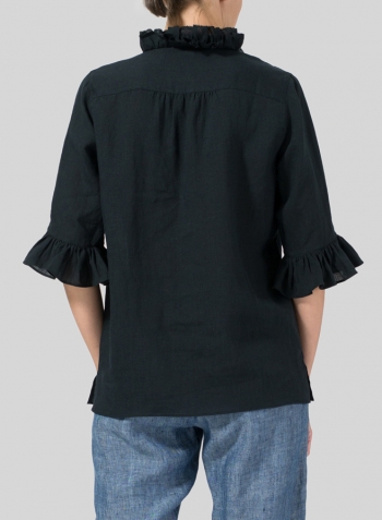 Black Linen Ruffle Stand Collar Top