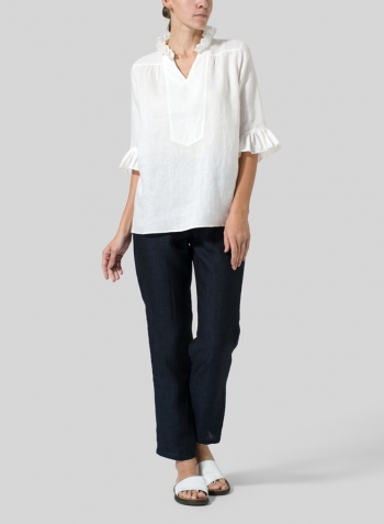 White Linen Ruffle Stand Collar Top