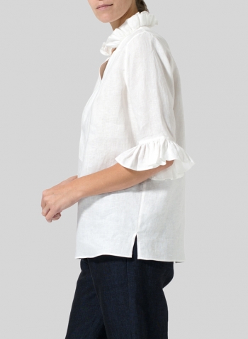 White Linen Ruffle Stand Collar Top