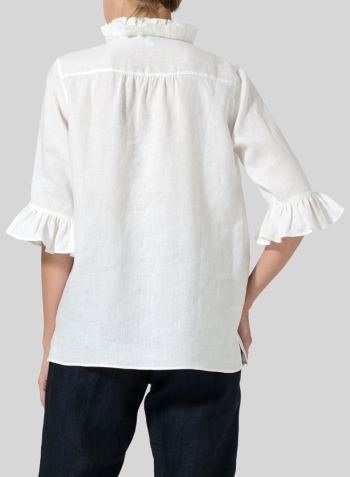 White Linen Ruffle Stand Collar Top