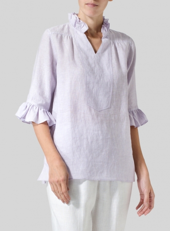 Pastel Mauve Linen Ruffle Stand Collar Top