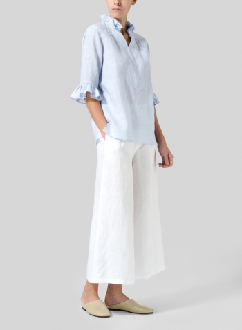 Light Sky Blue Linen Ruffle Stand Collar Top