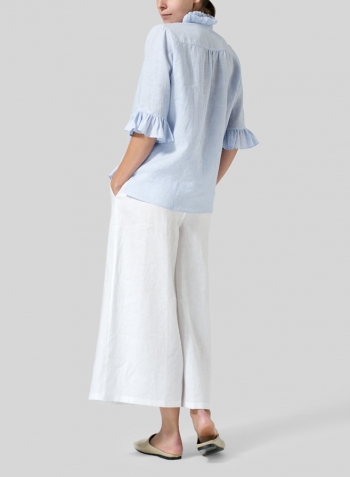 Light Sky Blue Linen Ruffle Stand Collar Top