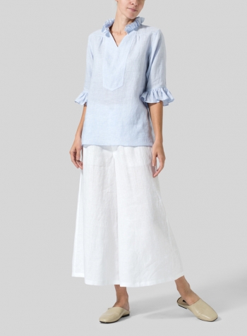 Light Sky Blue Linen Ruffle Stand Collar Top