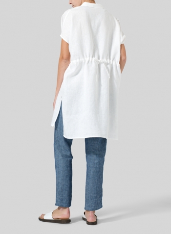 White Linen Short Sleeve Deep V-Neck Tunic Set