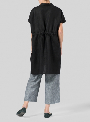 Black Linen Short Sleeve Deep V-Neck Tunic