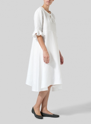 White Linen Ruffle Sleeves Long Dress