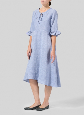 Two Tone Blue White Linen Ruffle Sleeves Long Dress