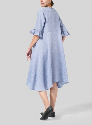 Two Tone Blue White Linen Ruffle Sleeves Long Dress