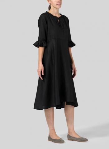 Black Linen Ruffle Sleeves Long Dress