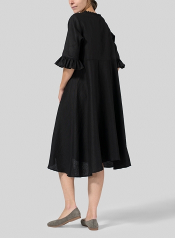 Black Linen Ruffle Sleeves Long Dress