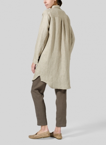 Light Khaki Green Linen Dropped Shoulder Long Blouse