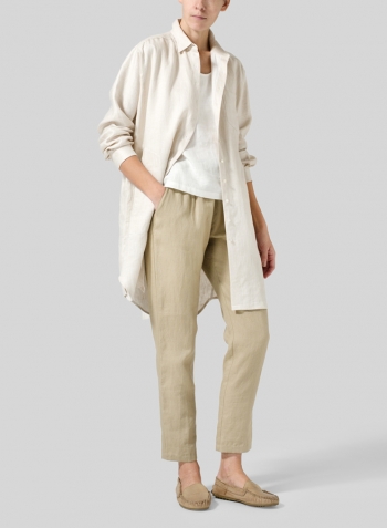 Beige Linen Dropped Shoulder Long Blouse