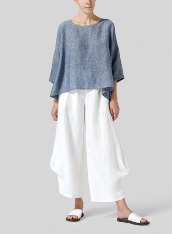 Two Tone Denim Linen Dropped Shoulder Top